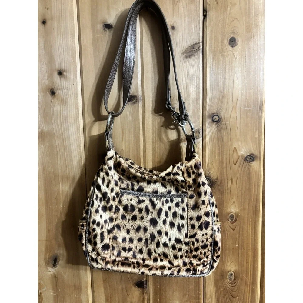 Kathy Van Zeeland Leopard Print Hobo Bag Y2K Studded Shoulder Purse Brown